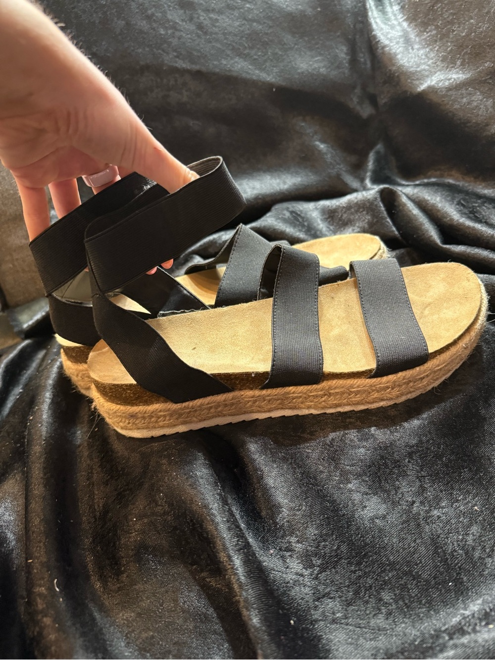 Black Elastic-Strap Espadrille Platform Sandals